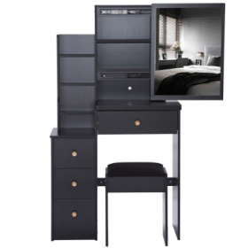 29.2 Small Space Left Bedside Cabinet Vanity Table   Cushioned Stool, Extra Large Right Sliding Mirror  Multi Layer High Capacity Storage, Practi (Color: Black)