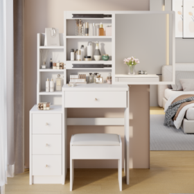 29.2 Small Space Left Bedside Cabinet Vanity Table  Cushioned Stool, Extra Large Right Sliding Mirror, Multi Layer High Capacity Storage, Practic (Color: White)