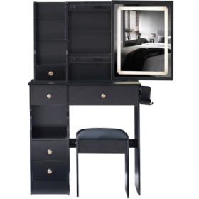29.2 Small Size Left Drawer Desktop Vanity Table  Cushioned Stool, 2 AC2 USB Power Station, Hair Dryer Bracket, Extra Large Touch Control Sliding (Color: Black)