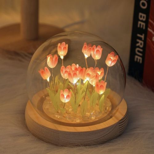 1pc Tulips Gifts For Women Flower Gifts For Her Gifts For Women Birthday Xmas Gift For Mom; Artificial Decor In Glass Dome With Led Light Night L