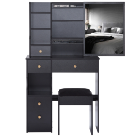 29.2 Small Space Left Drawer Desktop Vanity Table  Cushioned Stool, Extra Large Right Sliding Mirror, Multi Layer High Capacity Storage, Practica (Color: Black)
