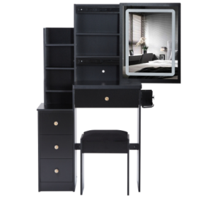 29.2 Small Size Left Bedside Cabinet Vanity Table   Cushioned Stool, 2 AC  2 USB Power Station, Hair Dryer Bracket  Extra Large Touch Control Sli (Color: Black)